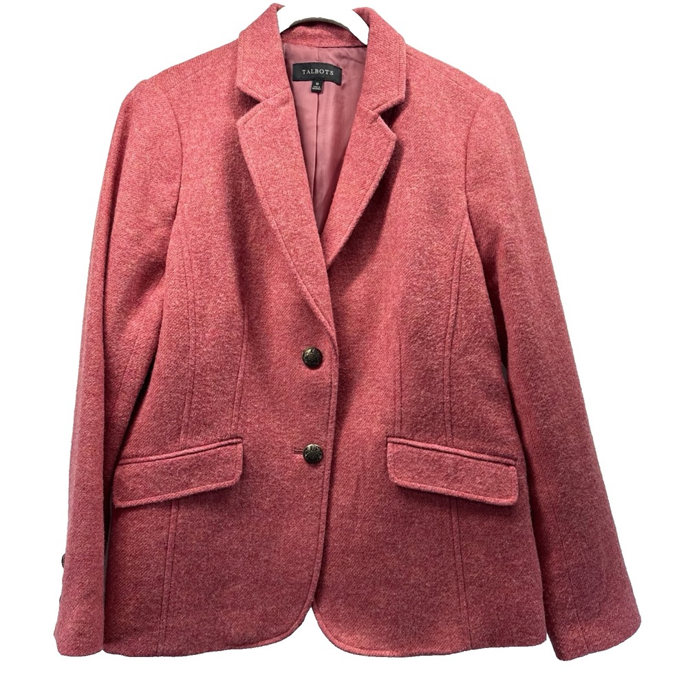 Talbots Womens Blazer Sz 10 Solid Coral Wool Blend Long Sleeves Pockets 2 Button